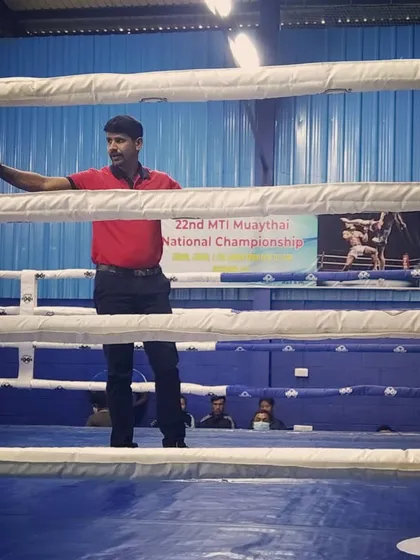 Here I am officiating a bout at the 22nd MTI Muaythai National Championship. My experience as a certified referee gives my students an edge, as I teach them the official rules and what judges look for in a fight.