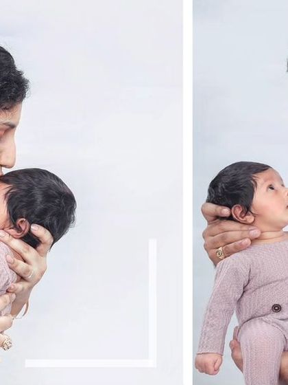 A collage showing a mother's gentle kiss and a father's proud gaze. These are the moments that define the newborn experience, captured for you to remember always.