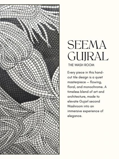 A close-up of the hand-cut floral mosaic tile design for the Seema Gujral washroom. Every piece is a quiet masterpiece, blending art and architecture to create an immersive experience of elegance.