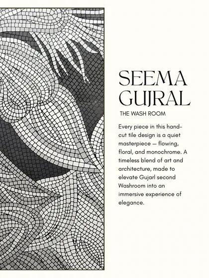 A close-up of the hand-cut floral mosaic tile design for the Seema Gujral washroom. Every piece is a quiet masterpiece, blending art and architecture to create an immersive experience of elegance.