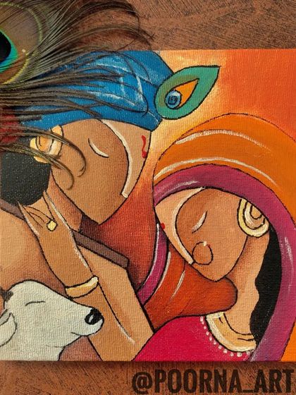 An abstract acrylic painting of Radha and Krishna on a small canvas board. This piece uses warm, expressive colors and simple lines to depict their divine love, along with a real peacock feather for texture.