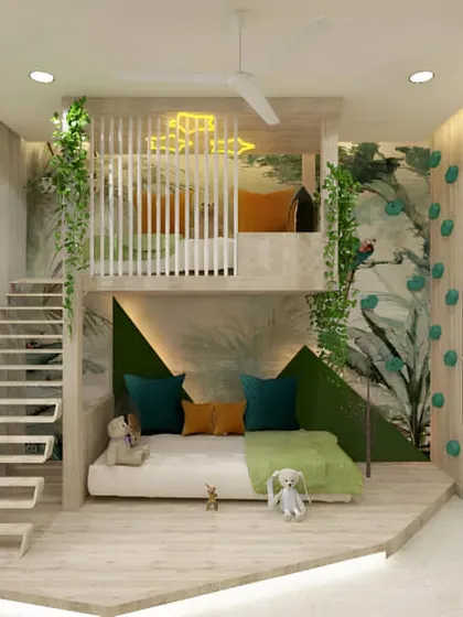A dream room for an adventurous child, this space features a custom-built loft bed with a play area below. We integrated a small climbing wall, nature-themed wallpaper, and built-in shelving to create a fun yet functional bedroom.