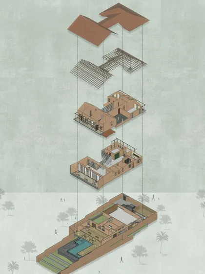 An exploded axonometric diagram of the Calangute Villa, deconstructing the design to show how the different layers of the house come together.