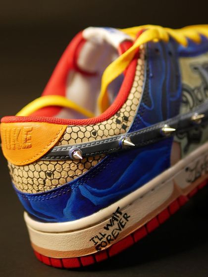 A detail shot of the heel of the Harley Quinn custom, showing the different textures and handwritten notes.