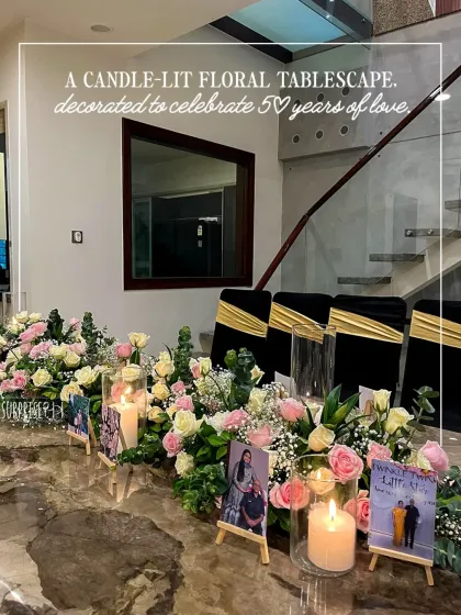 Celebrating 50 years of love is a milestone that deserves all the beauty. We designed this candle-lit floral tablescape with fresh pastel roses, eucalyptus, and personalized photo easels to tell their unique story. It’s the little details that turn a dinner into a cherished memory.