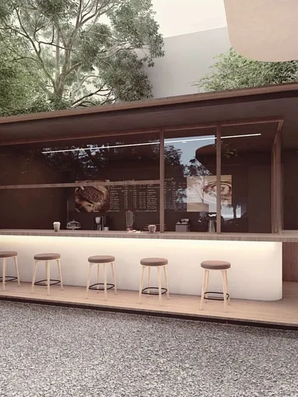 As part of our mixed-use strategy for "The Nest," we carved out a public landscape area that includes this container-like cafe pavilion. It serves as an amenity for both residents and the surrounding neighborhood, activating the ground floor.