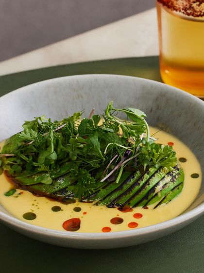 The Torched Avocado Ceviche, with its beautiful char marks and vibrant green herbs, ready to be served.