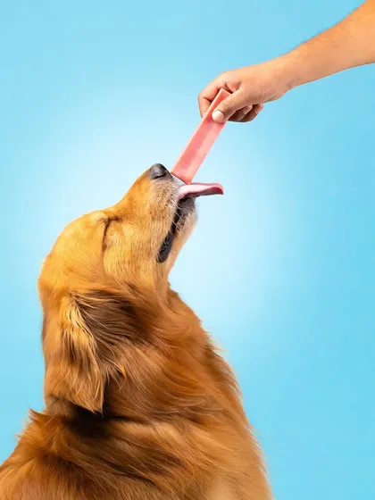 Capturing the pure joy of a treat. This action shot uses a vibrant blue background to make the golden retriever and the product stand out. My focus is on capturing genuine emotion, like this moment of pure delight, to create pet product photos that connect with customers.