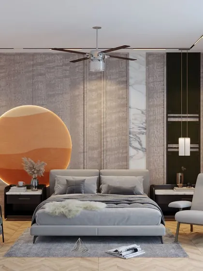 For this parents' room, we created a calming environment with a circular, sun-inspired feature wall behind the bed. The soft, backlit element adds a gentle focal point and brings warmth to the space.