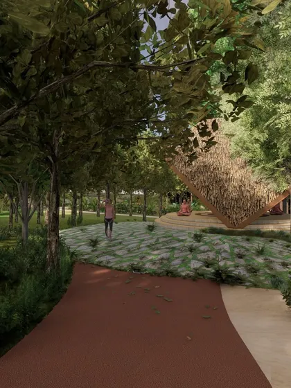 This render explores a more secluded part of the weekend getaway, with a meditation hut nestled among trees. We design distinct pathways using different materials to guide users through various experiences.