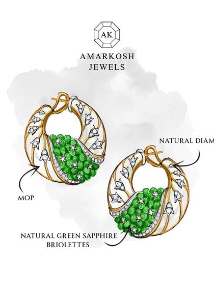 A sketch of our hoop earrings, adorned with natural green sapphire briolettes, shimmering diamonds, and delicate mother of pearl. This design radiates elegance and is a must-have for those who desire to stand out.