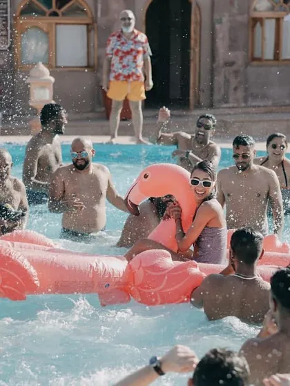 A destination wedding is also a vacation for your guests. This pool party at Khimsar Fort was the perfect way for everyone to relax, celebrate, and create fun memories together in the sun.