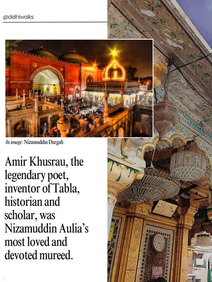 This image highlights Amir Khusrau's legacy as a legendary poet, inventor of the Tabla, and the most loved mureed (disciple) of Nizamuddin Auliya.