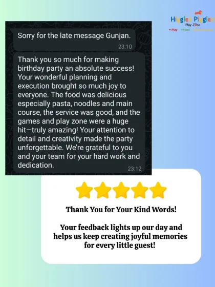 Nothing makes me happier than hearing from a happy parent. This feedback highlights what I strive for: wonderful planning, delicious food, and a fun-filled playzone that makes the party unforgettable for everyone.