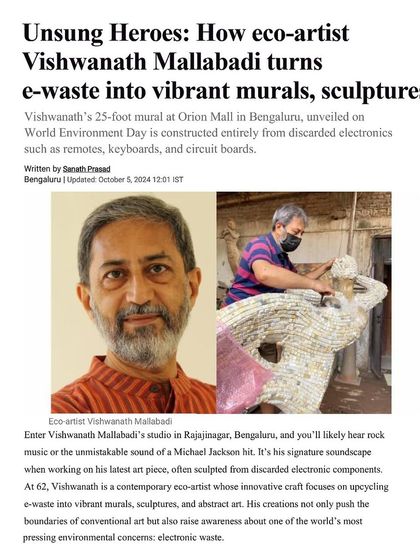 The cover page of the Indian Express "Unsung Heroes" feature. It shows a portrait of me alongside a photo of me at work in my studio, sculpting a new piece from e-waste.