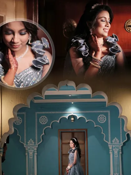 A collage of the bride in her blue gown, showcasing her portraits from the engagement night.