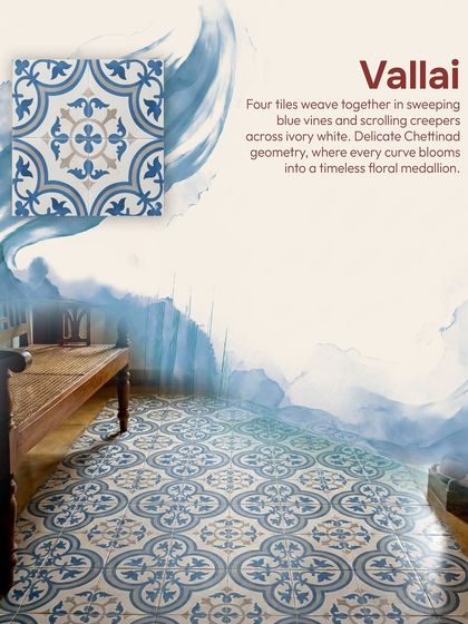 This is the 'Vallai' pattern, a classic Athangudi design. Four tiles weave together to form a timeless floral medallion with sweeping blue vines, bringing delicate Chettinad geometry to your floor.