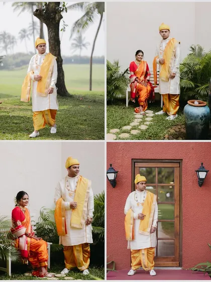 A collage of a Maharashtrian couple in traditional yellow and orange outfits, posing in a beautiful garden setting.