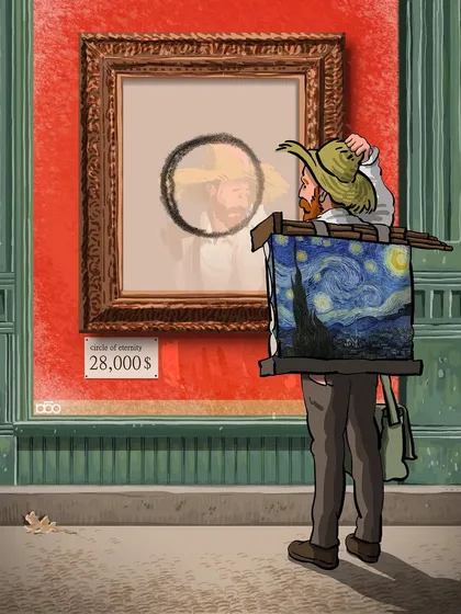 An artist, carrying his "Starry Night," looks at a framed, blurry, and overpriced self-portrait in a gallery. This piece is a direct critique of the art market, where the artist's true self and most iconic work are devalued in favor of something abstract and expensive.