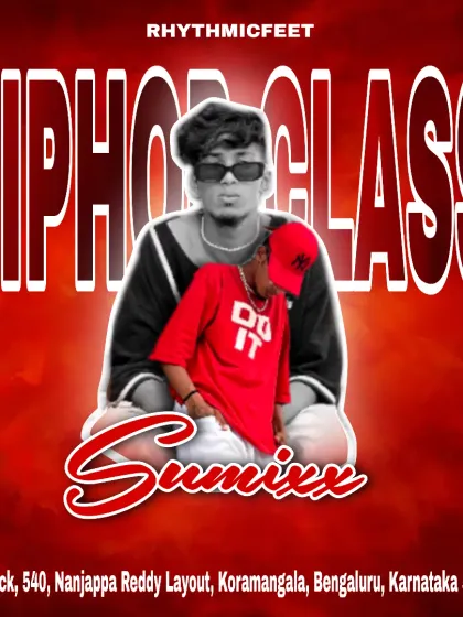 This poster announces our Hip Hop classes with instructor Sumix. We are located conveniently in Koramangala 8th block, making it easy for you to join us.