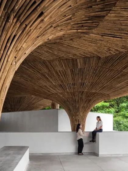 The shared spaces at the TAPMI Centre are defined by the organic forms of the bamboo parasols. These structures create a dialogue between the built environment and the natural landscape, fostering a sense of belonging.