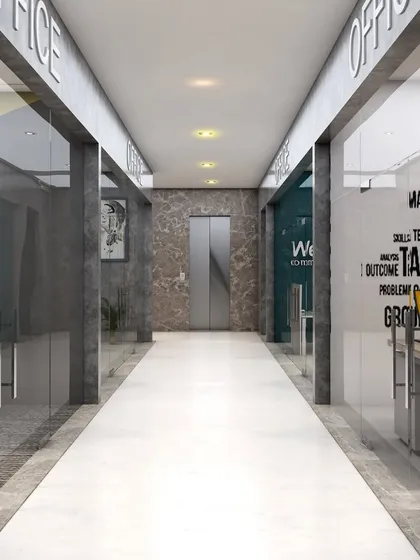 This 3D visualization shows the typical floor corridor for the 'AURA - Sky Tower' commercial project. The design uses a clean, minimalist aesthetic with glass-fronted office entrances and consistent lighting to create a professional and easily navigable space.