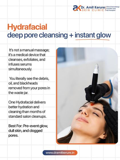 A Hydrafacial is a medical-grade device that provides deep pore cleansing and an instant glow by simultaneously cleansing, exfoliating, and infusing serums into the skin.
