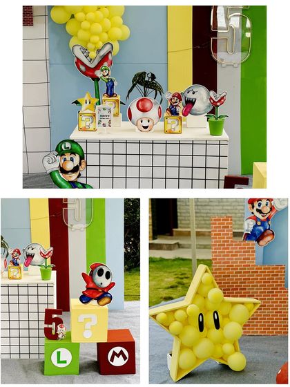 A duplicate image showing the fun and colorful props of our Super Mario theme.