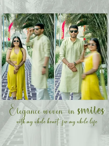 A stylish portrait of a couple during their Haldi festivities. The creative edit and their coordinated yellow outfits make for a chic and modern pre-wedding photo.