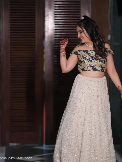 A full-length view of this fun and fashionable party outfit. The hair and makeup are designed to be modern and stylish, perfect for making a statement.