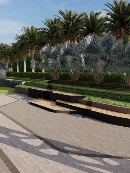 A perspective showing the stepped, curving bench seating that follows the organic lines of the planters. This provides ample public seating integrated directly into the landscape design.