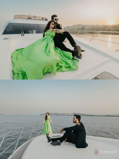 A collage of glamorous shots on a private yacht in Goa. These photos capture a high-end, luxurious pre-wedding experience, with the couple looking stylish against the open sea.