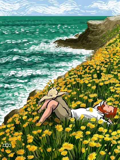 A moment of peaceful surrender. The artist lies in a field of yellow flowers by the sea, his cat resting on his chest, both gazing at the sky. It’s about finding solace and inspiration by immersing oneself in nature.