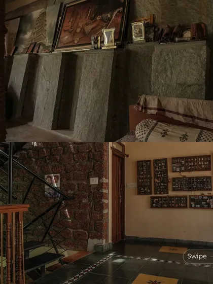 A collage of interior details from the Padmaja Rao Residence, including a rugged stone wall with built-in niches and a collection of miniature art, showcasing the home's artistic and rustic charm.