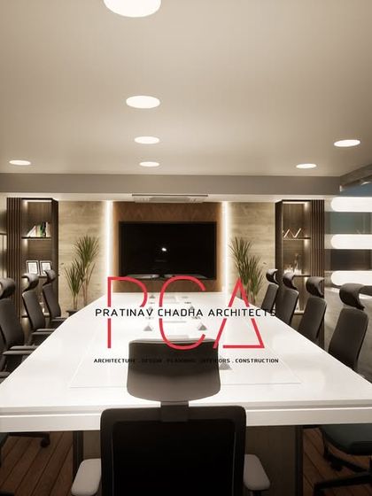 A head-on view of the conference table and media wall in the Narela office visualization. This perspective showcases the room's symmetry and the integration of technology within the design.