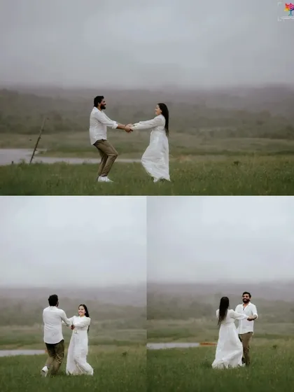 A collage of a couple dancing and interacting in a misty field, showcasing their playful and romantic connection.