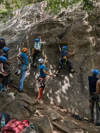A typical scene at one of our Intro to Rock Climbing workshops. New climbers learn the ropes, supported by our experienced volunteers and cheering on their new friends. It’s a safe, fun, and encouraging environment to start your climbing journey.