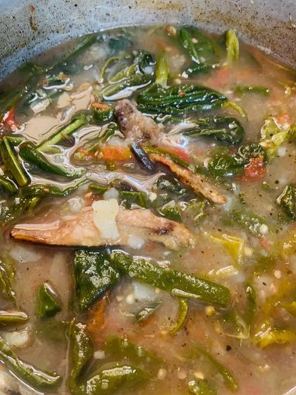 A simple vegetable soup with dried fish.