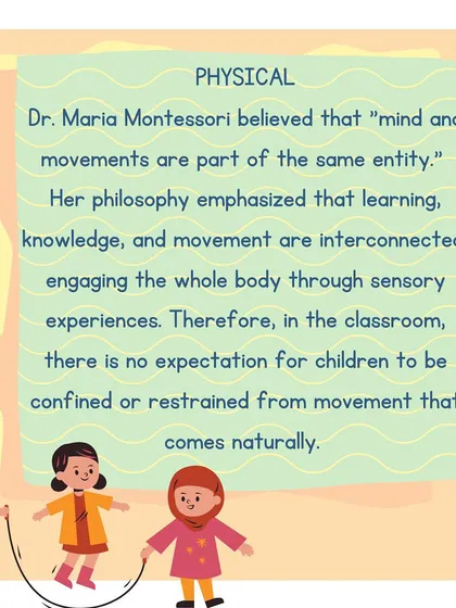 This series of infographics explains "The Whole Child Approach," detailing how Montessori nurtures physical, emotional, social, and cognitive development equally.