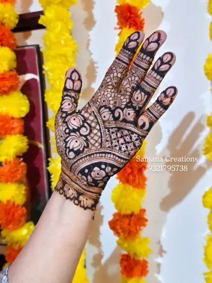 The back of the hand, showing a beautiful lotus-themed design.