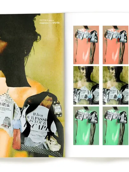 An experimental layout featuring a pop-art inspired grid, showcasing the repetition and modification of images within a magazine context. This plays with the idea of mass media reproduction.