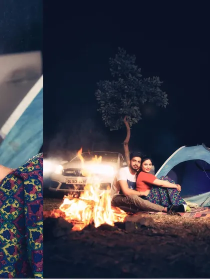 A pre-wedding shoot is a chance to get creative. We created this magical camping scene with a bonfire under the night sky, capturing an adventurous and intimate moment that is unique to this couple's story.