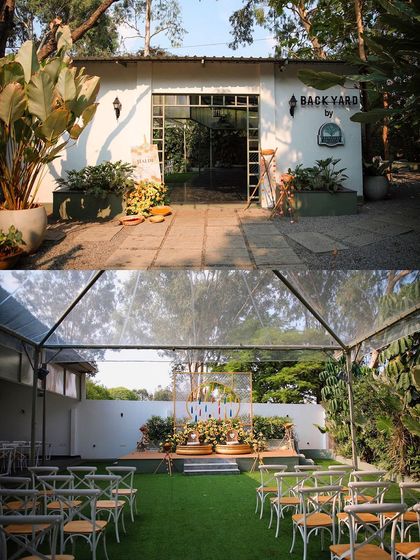 A split view showing the entrance and a Haldi ceremony setup at Backyard. This demonstrates how the space can be used for traditional pre-wedding functions in a modern setting.
