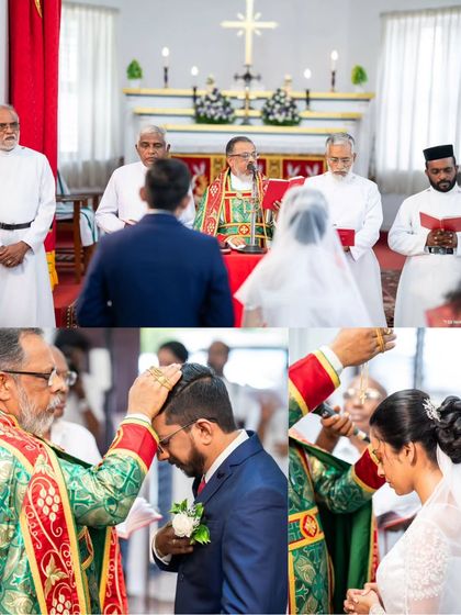 The sacred moments of the blessing ceremony at the altar. The priests, in their traditional vestments, conduct the rites that unite the couple in marriage.