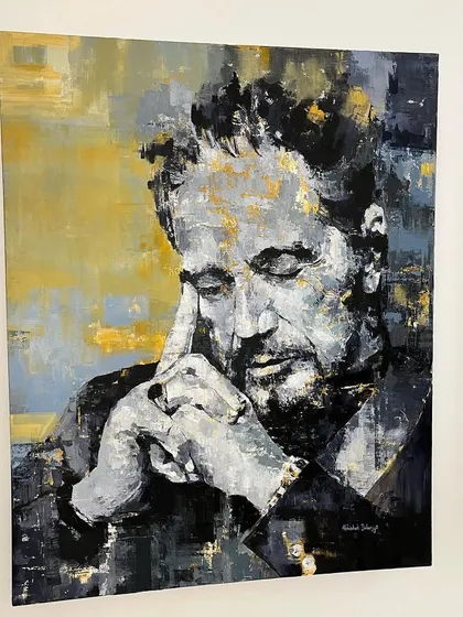 Titled 'Plato’s Discourse', this 5x4 feet portrait captures a moment of deep thought. The monochromatic palette with hints of gold leaf adds a classic, philosophical weight to the piece, inviting quiet contemplation.