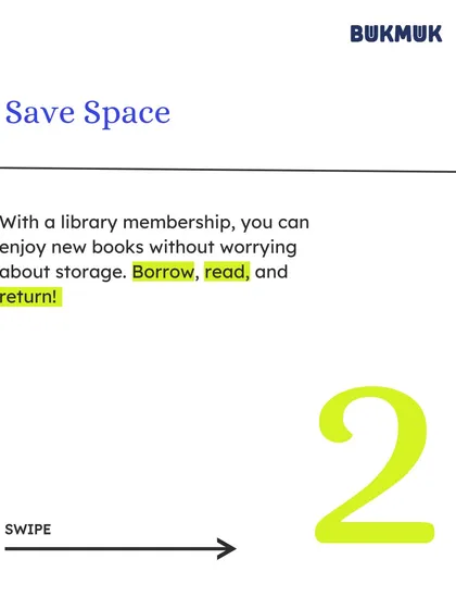 Here are five great reasons to join our library. You save money and space, get access to the best collection of books, receive personalized suggestions, and enjoy excellent service. Plus, you help the planet by choosing to rent.