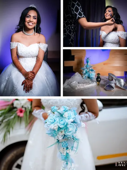 A collage showing the bride getting ready for her white wedding, along with details of her shoes, bouquet, and accessories.