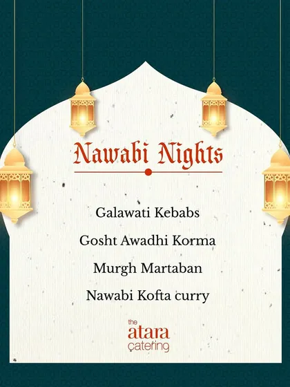 A menu card for a "Nawabi Nights" themed event. This theme focuses on rich and royal Mughlai dishes like Galawati Kebabs and Gosht Awadhi Korma.