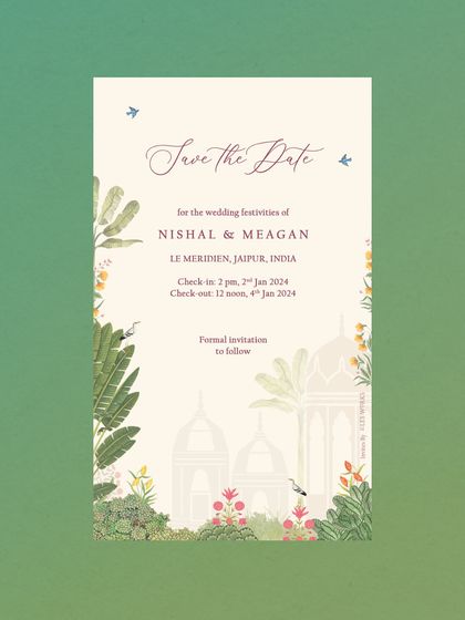 A still from the animated Save the Date for a wedding at Le Meridien Jaipur. The design features delicate illustrations of the venue's architecture, surrounded by local flora and fauna, setting a regal and natural tone.