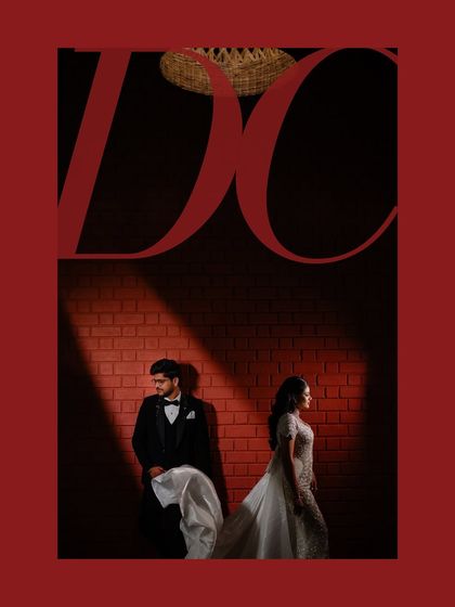 A creative and editorial-style portrait with bold typography. This image showcases our ability to create modern, graphic compositions that are perfect for a fashionable couple.